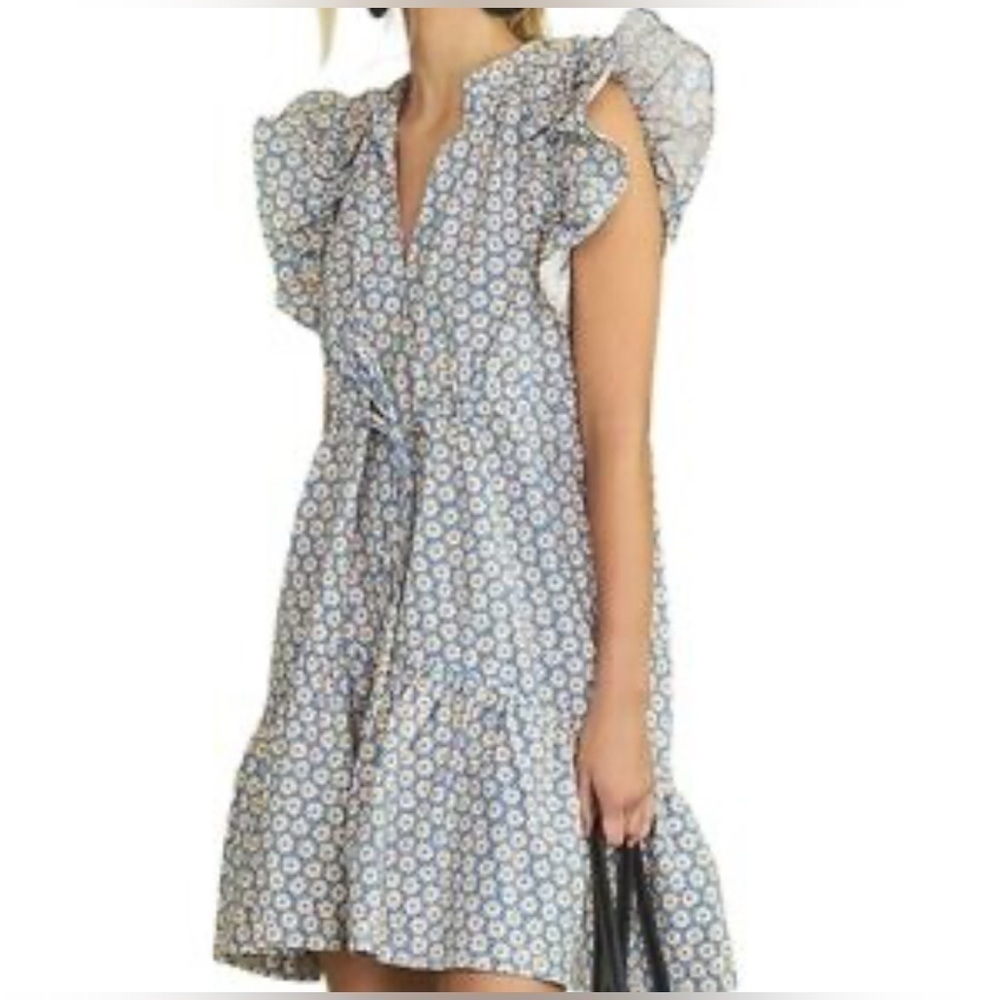 By Anthropologie v neck White, yellow & Blue flutter sleeve Tie Front dress MP